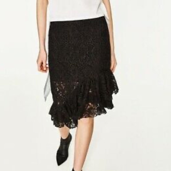 🌼 BOGO❗️ZARA asymmetrical Lace black Ruffle Frill Midi skirt 3184/002 - Picture 2 of 8